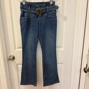 Vintage Y2K Jenada Mid-Rise Dark Wash Zipper Belted Jeans Flare Leg‎ Size 7/8
